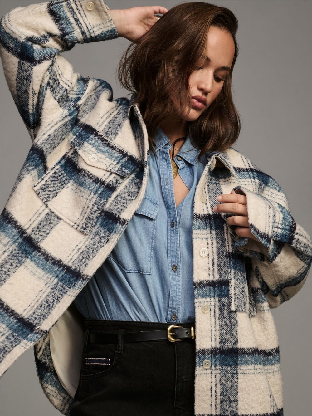 Good American Cream and Blue Plaid Oversized Sherpa Shacket